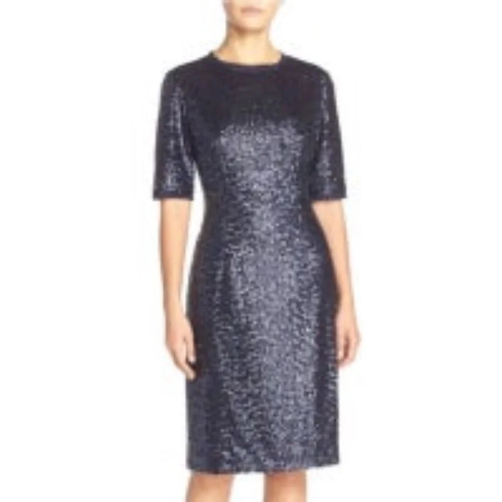 Eliza J Short Sleeve Sequin Embellished Formal Sheath Dress Navy Blue